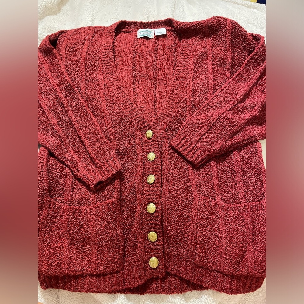 Vintage Burgundy Grandma Cardigan With Gold Buttons